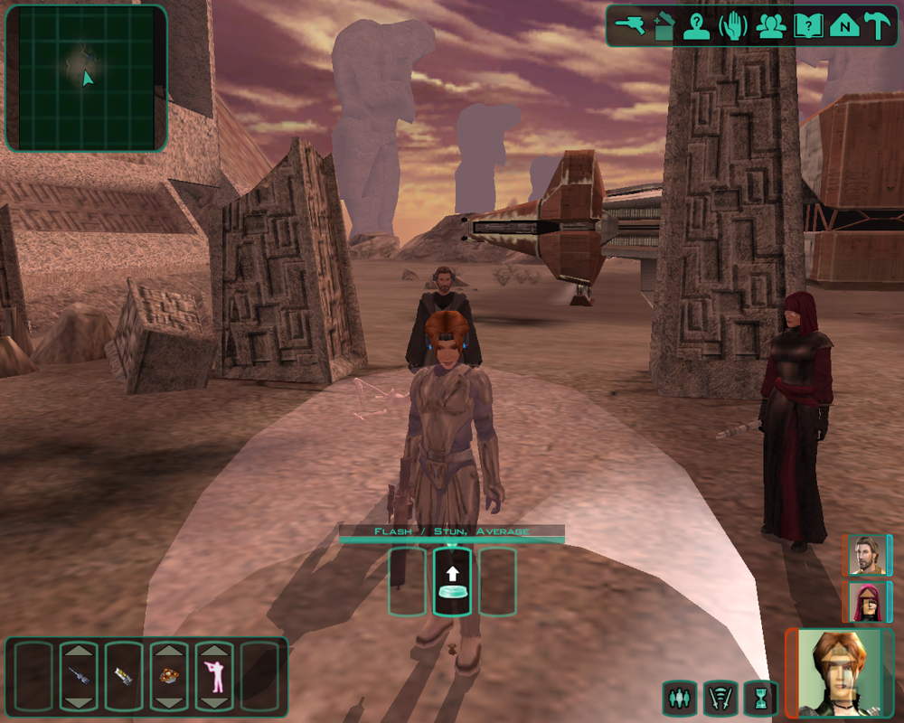 Star Wars: Knights of the Old Republic II - The Sith Lords (Windows) screenshot: We traveled to Corriban to admire those statues, enjoy the landscape, and set up a nice mine or two