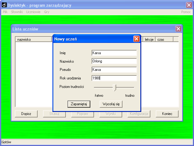 Dyslektyk 2 (Windows) screenshot: Creating character