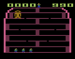 King Kong (Atari 2600) screenshot: You must scale the building to rescue the lady.