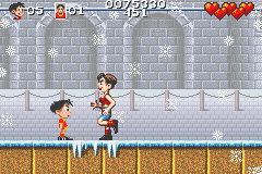 Soccer Kid (Game Boy Advance) screenshot: The third boss is a female Russian gymnast