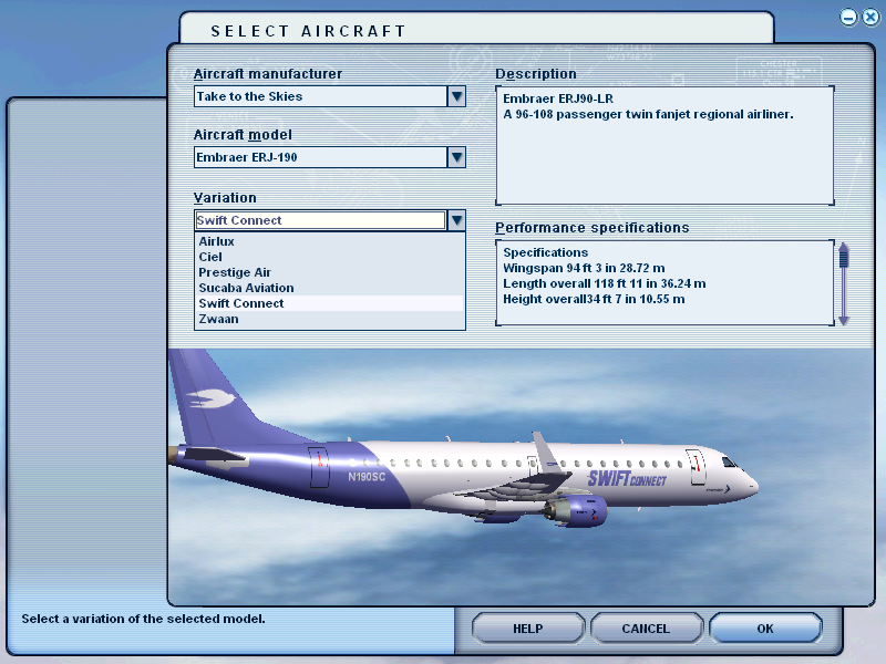 Take to the Skies (Windows) screenshot: Embraer ERJ-190 Livery selection in FS2004