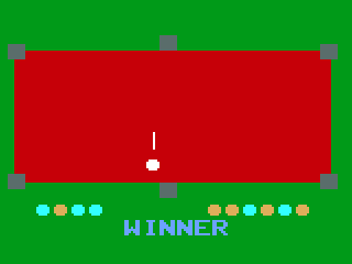 Pocket Billiards! (Odyssey 2) screenshot: Player R is the winner with six agains four balls.