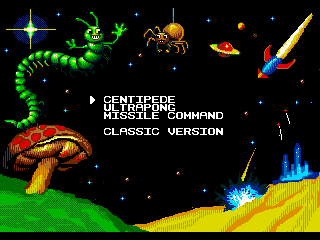 Arcade Classics (Genesis) screenshot: Game menu - you can choose one of the three games, and the version you want to play.