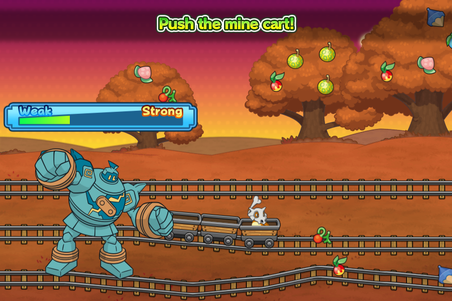 Mine Cart Adventure (Browser) screenshot: The giant robot is gonna punch your mine cart, but don't worry, it will only be a weak punch.