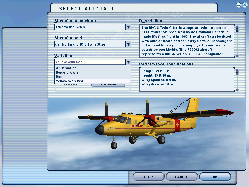 Take to the Skies (Windows) screenshot: DHC-6 livery selection in FS2004