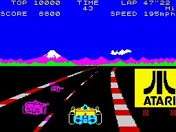 Pole Position (ZX Spectrum) screenshot: An Atari promotional placard. At this time (by the time of the original release), Atari was winning the race to acquire the rights of <i>Pole Position</i>.