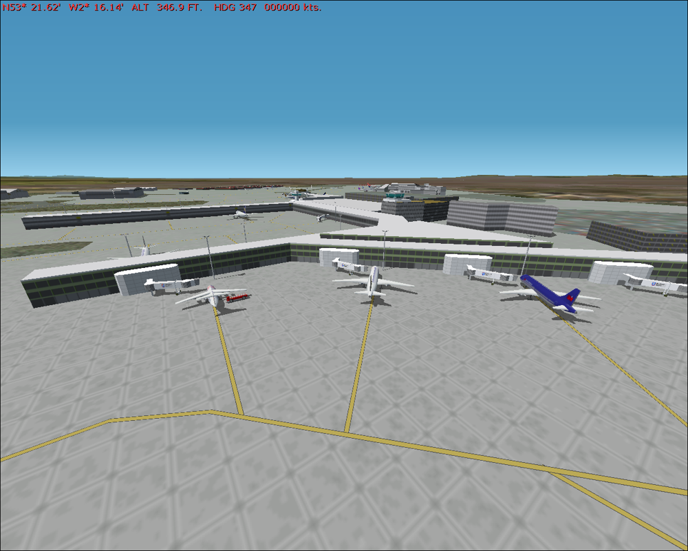 GB Airports (Windows) screenshot: Machester - Terminal 1 near center tower, Terminal 2 in the far background.