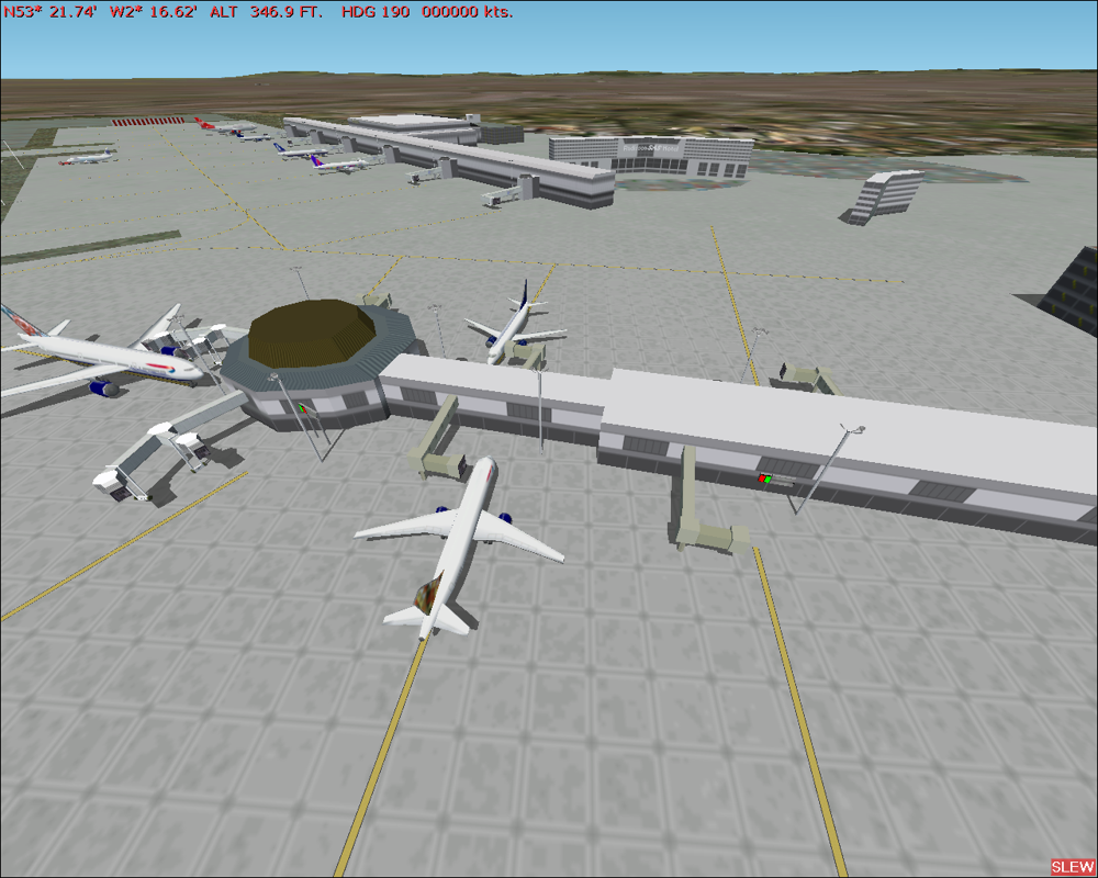 GB Airports (Windows) screenshot: Machester - Terminal 2 at the back, close to the hotel.