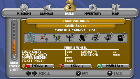 Thrillville (PSP) screenshot: Build menu