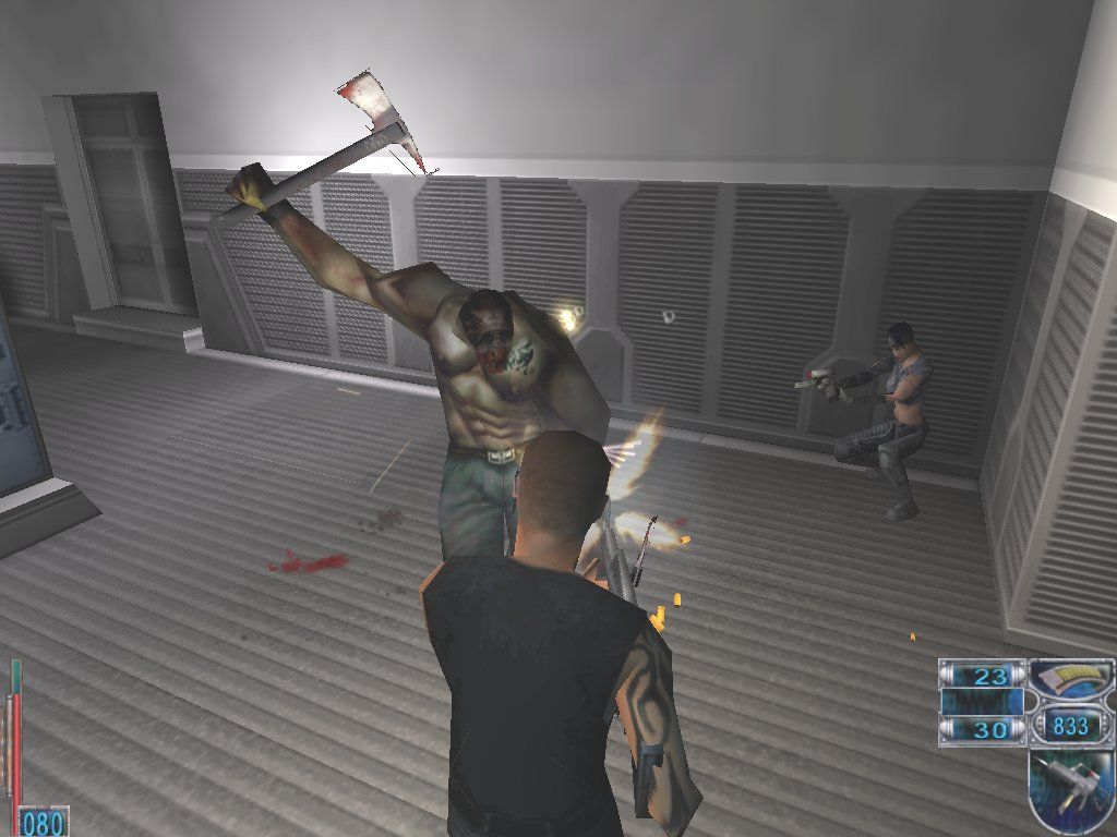 From Dusk Till Dawn (Windows) screenshot: Double axe-wielding Uber-boss Scott Wilson is impervious to bullets. Which sucks for you.
