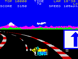 Pole Position (ZX Spectrum) screenshot: Every placard referring to <i>Atari</i> was either substituted by signs or by the logo of <i>Datasoft</i> (Erbe Software release).