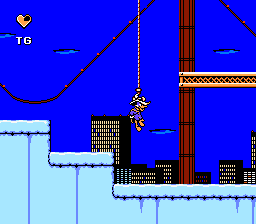Disney's Darkwing Duck (NES) screenshot: Darkwing Duck can do lots of moves for a NES game.