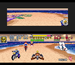 Saban's Power Rangers Zeo: Battle Racers (SNES) screenshot: Cog Soldier driving in reverse way? Probably he spinned out during a certain time, losing the route.