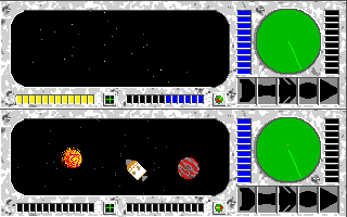 Galactic Invasion (Amiga) screenshot: The AI has found a satellite and some planets