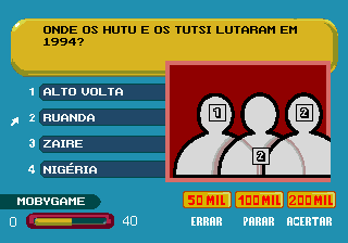 Show do Milhão (Genesis) screenshot: If you choose the guest's help, the three guests will take their guesses on the answer, and you can go by their guesses or not.