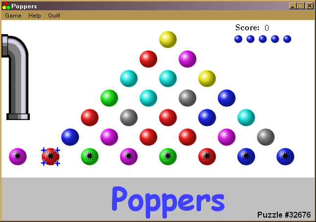 Poppers (Windows) screenshot: Beginning of a puzzle. Clickable balls are marked with asterisk. One ball of a pair has been clicked and marked with an indicator