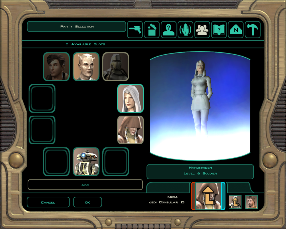 Star Wars: Knights of the Old Republic II - The Sith Lords (Windows) screenshot: Party menu. Over the course of the game you'll recruit some colorful characters