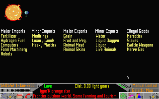 Frontier: Elite II (Atari ST) screenshot: Elite II has a huge database over information. (planets, import and export over wares...)