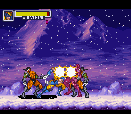 Marvel Super Heroes in War of the Gems (SNES) screenshot: Wolverine takes on two Evil Wolverines and an Evil Daredevil in Alaska