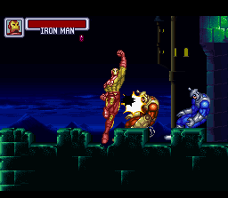Marvel Super Heroes in War of the Gems (SNES) screenshot: Iron Man takes out two guards with a single punch
