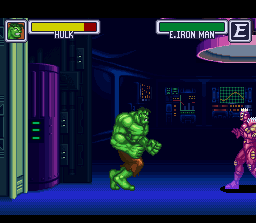 Marvel Super Heroes in War of the Gems (SNES) screenshot: Hulk faces down Evil Iron Man in training mode.