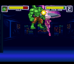 Marvel Super Heroes in War of the Gems (SNES) screenshot: Hilk takes an uppercut from Evil Iron Man in training mode