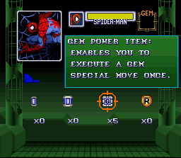 Marvel Super Heroes in War of the Gems (SNES) screenshot: Select your item before a mission