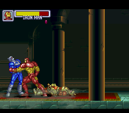 Marvel Super Heroes in War of the Gems (SNES) screenshot: Iron Man tussles with Doctor Doom soldier's in Doom's castle
