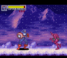 Marvel Super Heroes in War of the Gems (SNES) screenshot: The Cap vs a demonic copy of The Man Without Fear