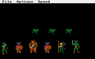 Phantasie III: The Wrath of Nikademus (Amiga) screenshot: A bunch of brutes attacking defenseless little kittens.