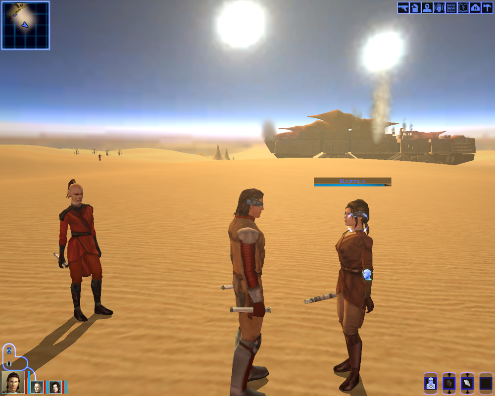 Star Wars: Knights of the Old Republic (Windows) screenshot: Romantic problems under scorching sun. Ladies! Don't be jealous! There is enough space in my ship for both of you!..