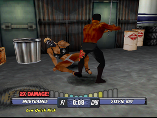 WCW Backstage Assault (PlayStation) screenshot: The opponent is armed with a piece of metal.