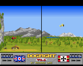 Dogfight (Amiga) screenshot: The red pilot has reached the enemy airfield, but player 1 manages to escape