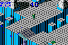 Marble Madness / Klax (Game Boy Advance) screenshot: Marble Madness: when you fall of you lose a couple of seconds whilst the marble is reformed.