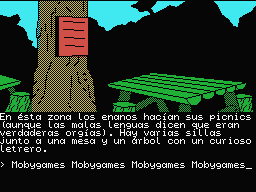La Aventura Original (MSX) screenshot: Dwarf picnic (and orgy) area.