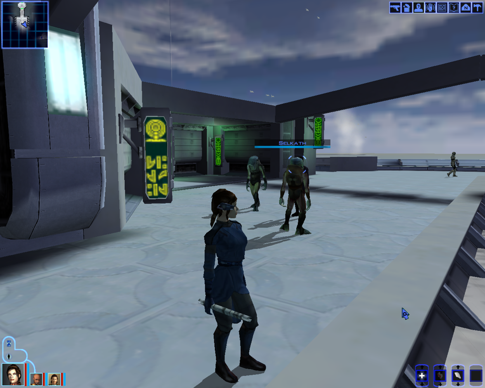 Star Wars: Knights of the Old Republic (Windows) screenshot: A bustling city on Manaan. There are many... fish people here