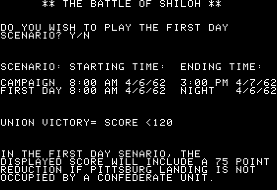 The Battle of Shiloh (Apple II) screenshot: Getting ready to start. (All other rules are only in the manual.)