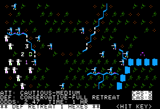 The Battle of Shiloh (Apple II) screenshot: Some gameplay with the optional hex-grid lines off.