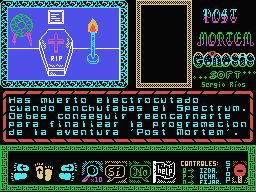 Post Mortem (MSX) screenshot: Game start - "You died by electrocution..."