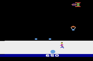 Glacier Patrol (Atari 2600) screenshot: Trying to jump over the snowball.