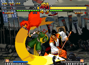 Samurai Shodown V (Neo Geo) screenshot: Hanzo Hattori with the open guard: he's hit-damaged by Gaoh Hinowanokami Kyougoku's slashing blow...