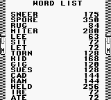 Wordtris (Game Boy) screenshot: Words that were made during the game.