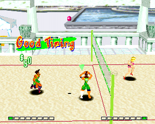 V-Ball: Beach Volley Heroes (PlayStation) screenshot: Soccers vs Sexies. Jump set?