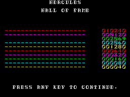 Hercules (ZX Spectrum) screenshot: High scores