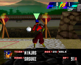 V-Ball: Beach Volley Heroes (PlayStation) screenshot: That's Sasuke... setting up for an overhand serve?