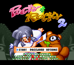 Pocky & Rocky 2 (SNES) screenshot: Title screen / Main menu.