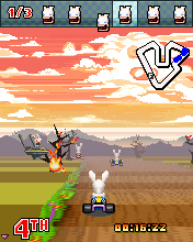 Rayman Kart (J2ME) screenshot: Evil Rabbids burning the trees.