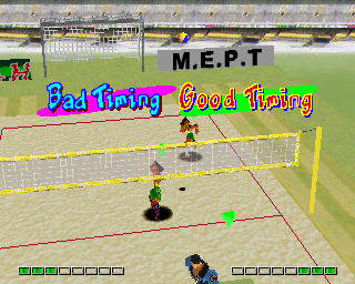 V-Ball: Beach Volley Heroes (PlayStation) screenshot: Soccers' court. Bad timing and good timing? What happened?