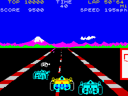 Pole Position (ZX Spectrum) screenshot: The first version was published by Atari (original release) with the licence of <i>Namco</i>, the developing company.