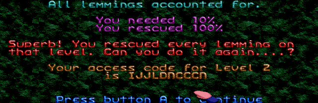 Lemmings (Amiga CD32) screenshot: Level 1 completed